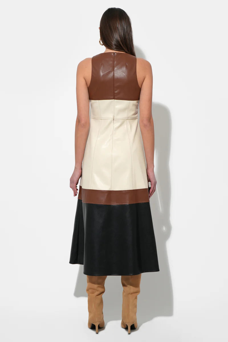 Adelyn Rae Caspia Vegan Leather Color Block Dress in Brown Multi