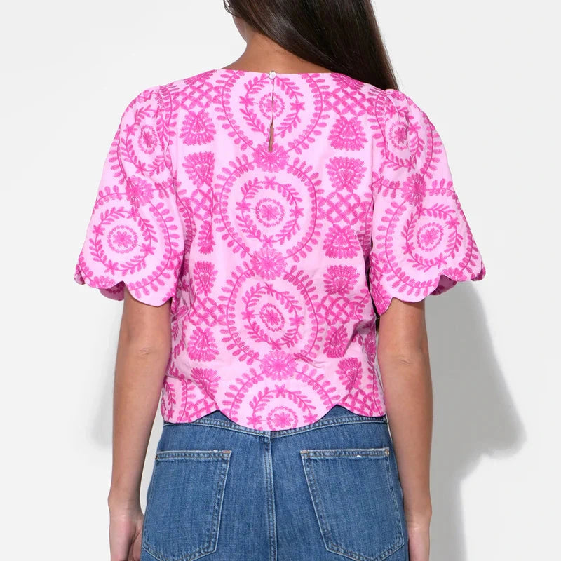 Adelyn Rae Hadley Square Neck Scalloped Embroidered Top in Lilac/Magenta
