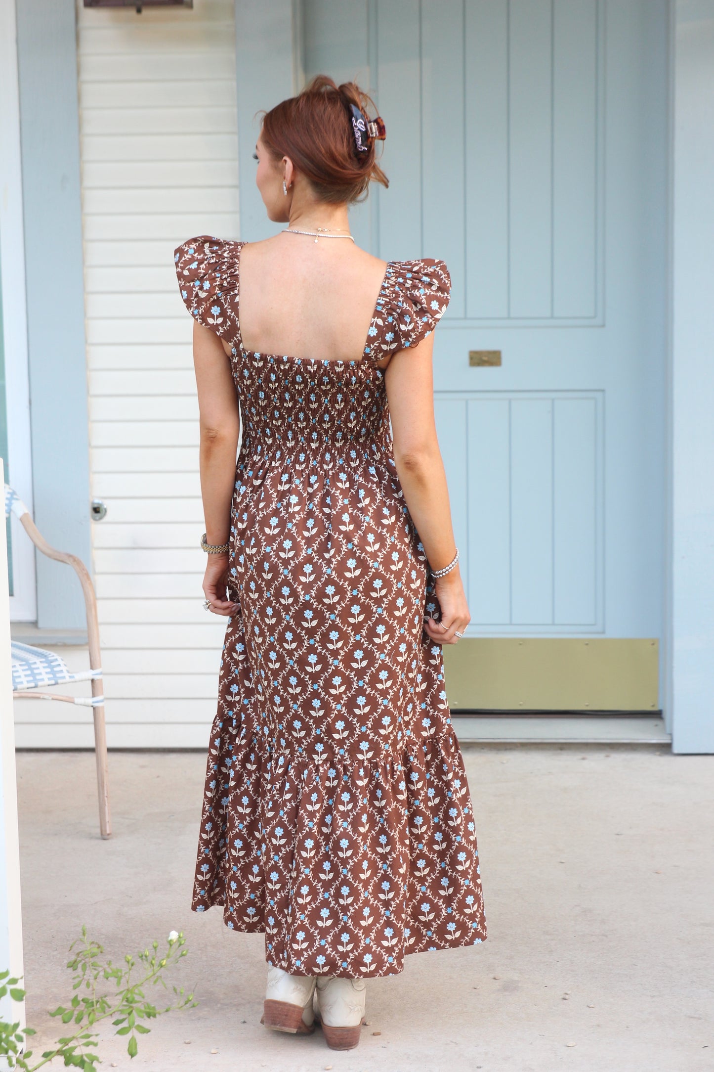Karlie Floral Smocked Tiered Dress in Chocolate