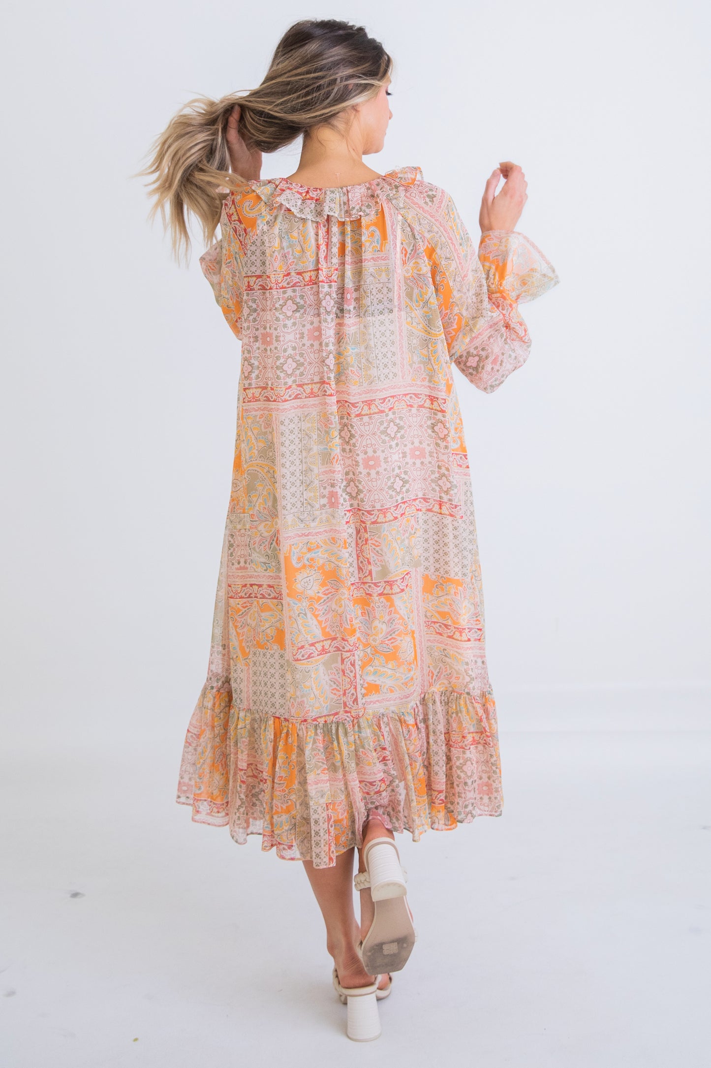 Karlie Chiffon Ruffle Midi Dress in Fall Paisley