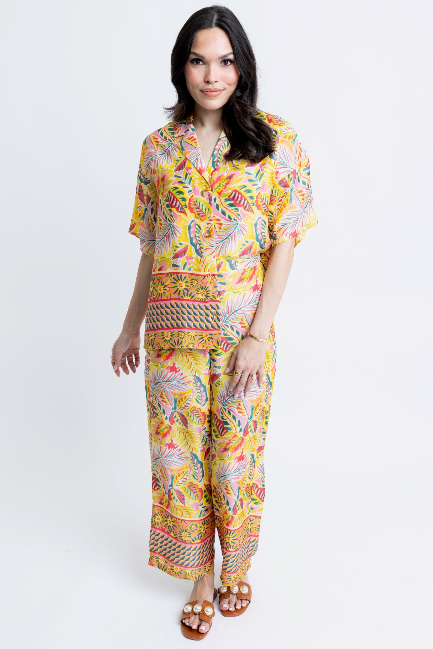 Karlie Satin Button Up in Yellow Tropics