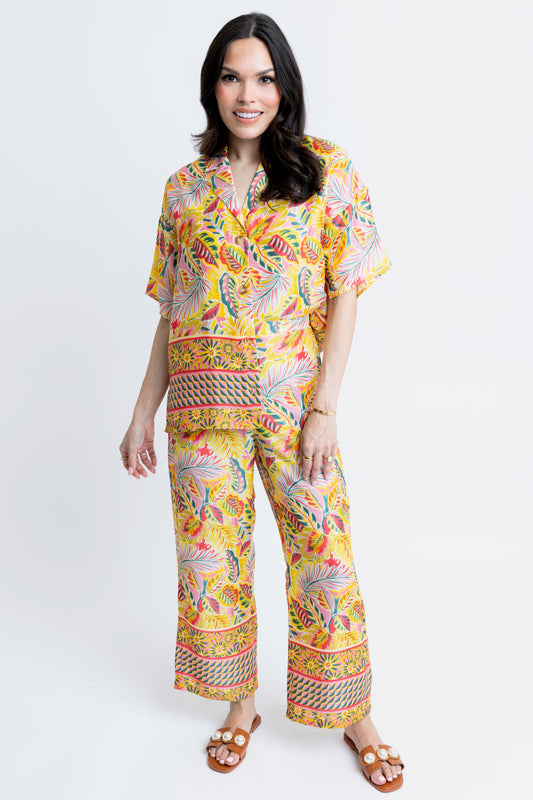 Karlie Satin Button Up in Yellow Tropics