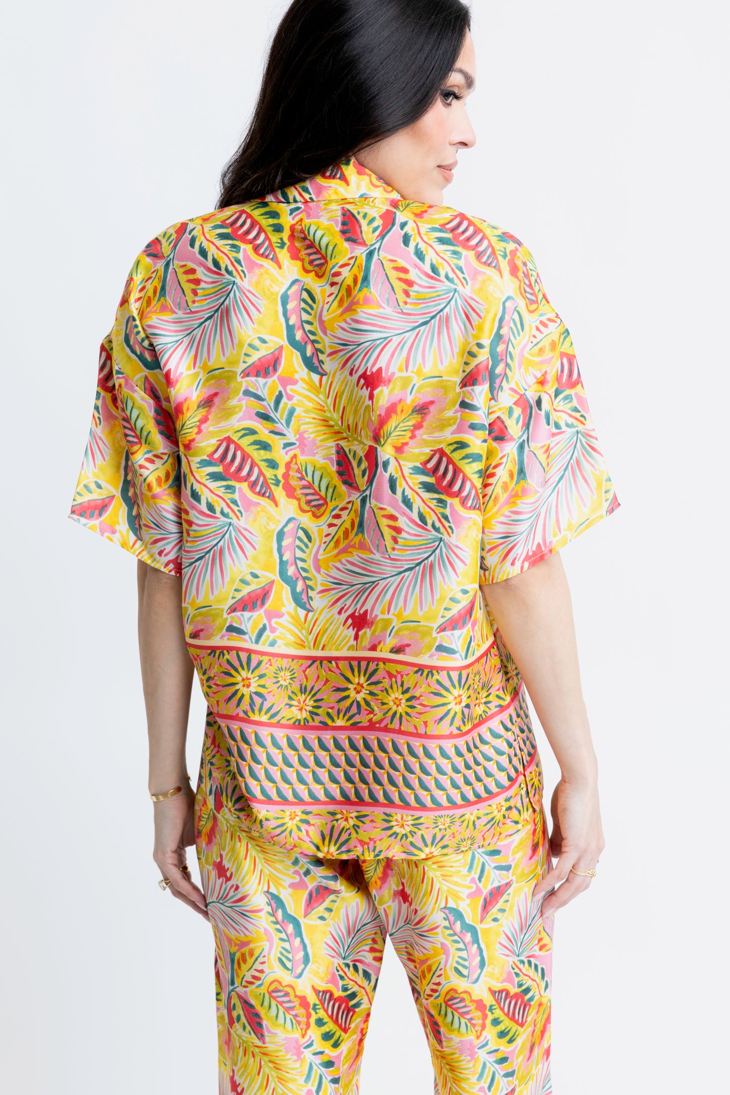 Karlie Satin Button Up in Yellow Tropics