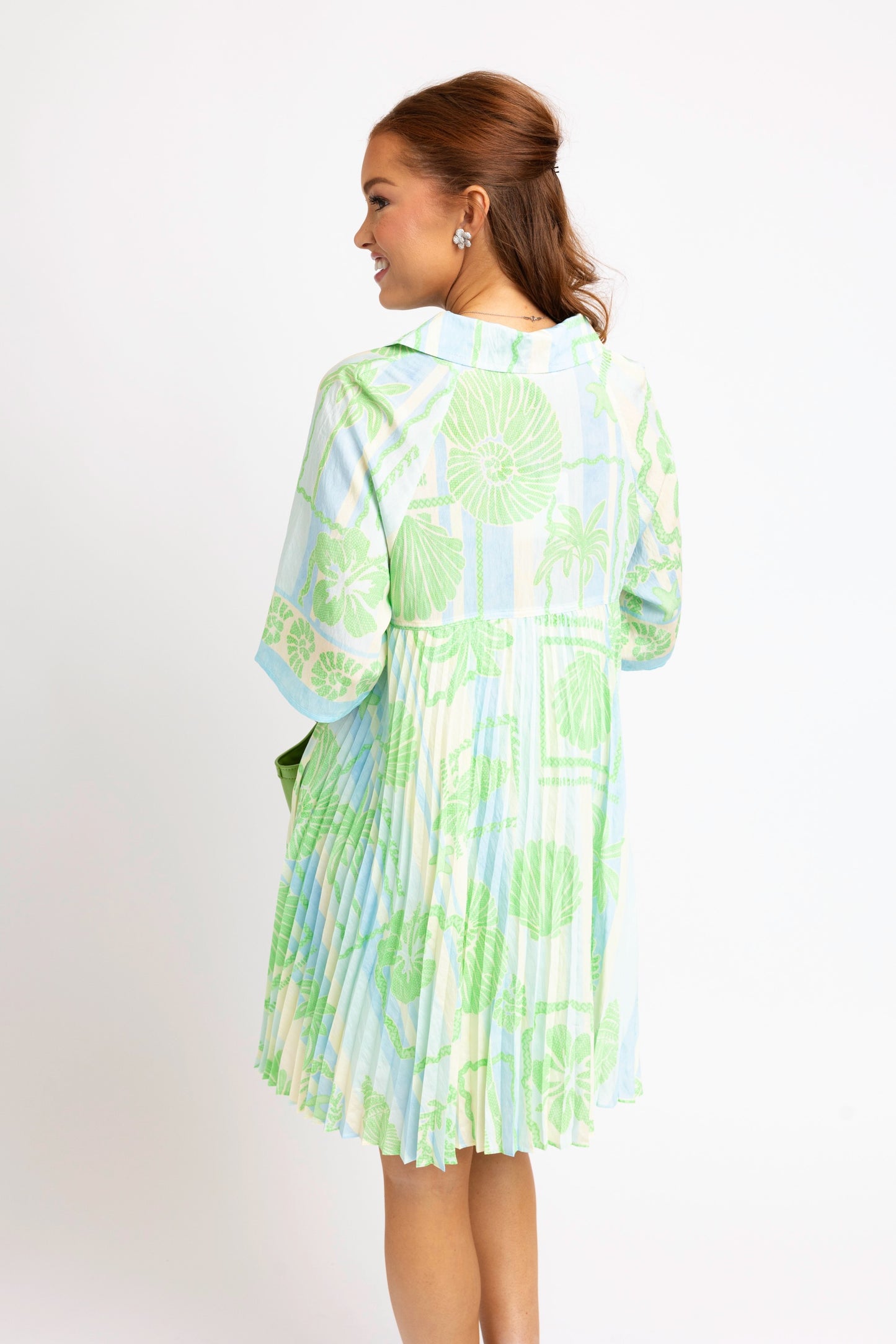 Karlie Striped Pleat Back Shirt Dress in Green Seashells