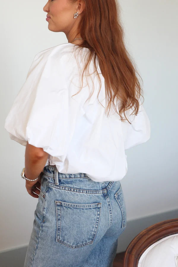 Karlie Poplin Solid Poplin Bubble Tie Front Top in White