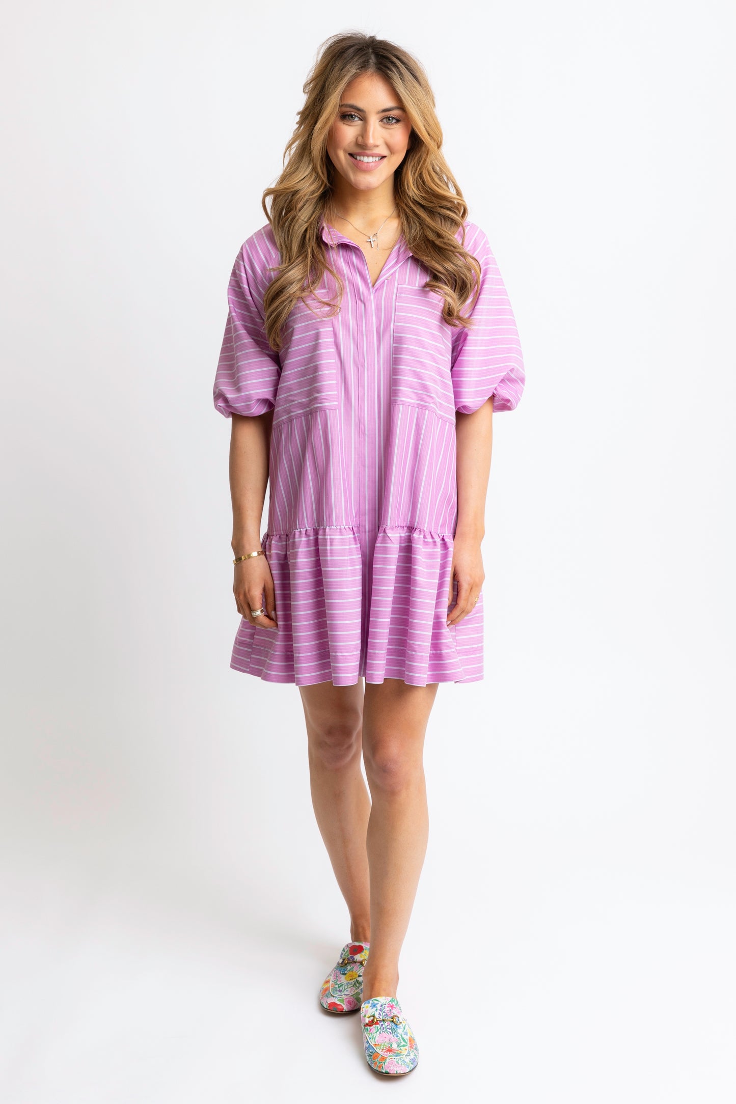 Karlie Poplin Striped Dress in Magenta