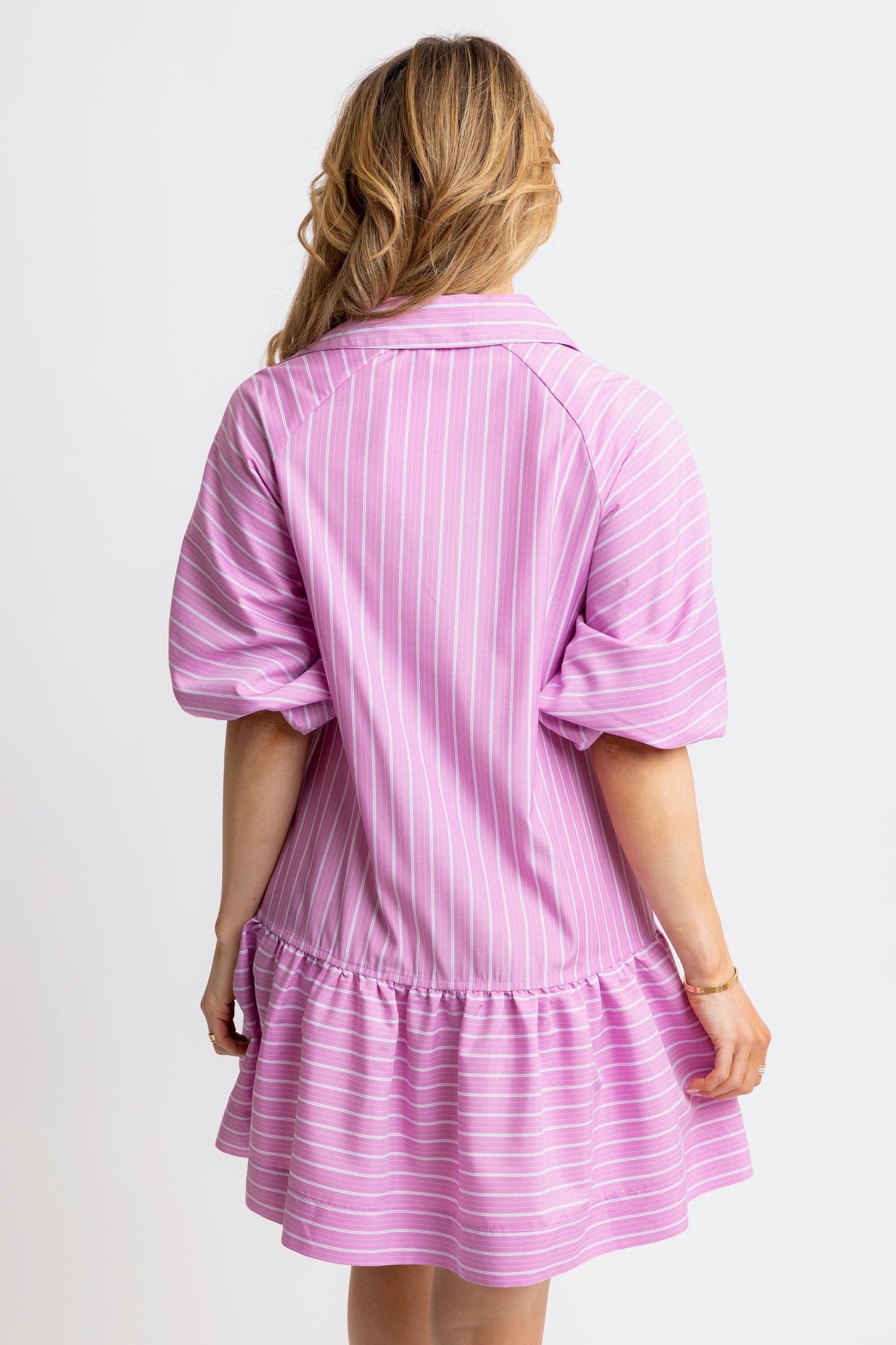 Karlie Poplin Striped Dress in Magenta