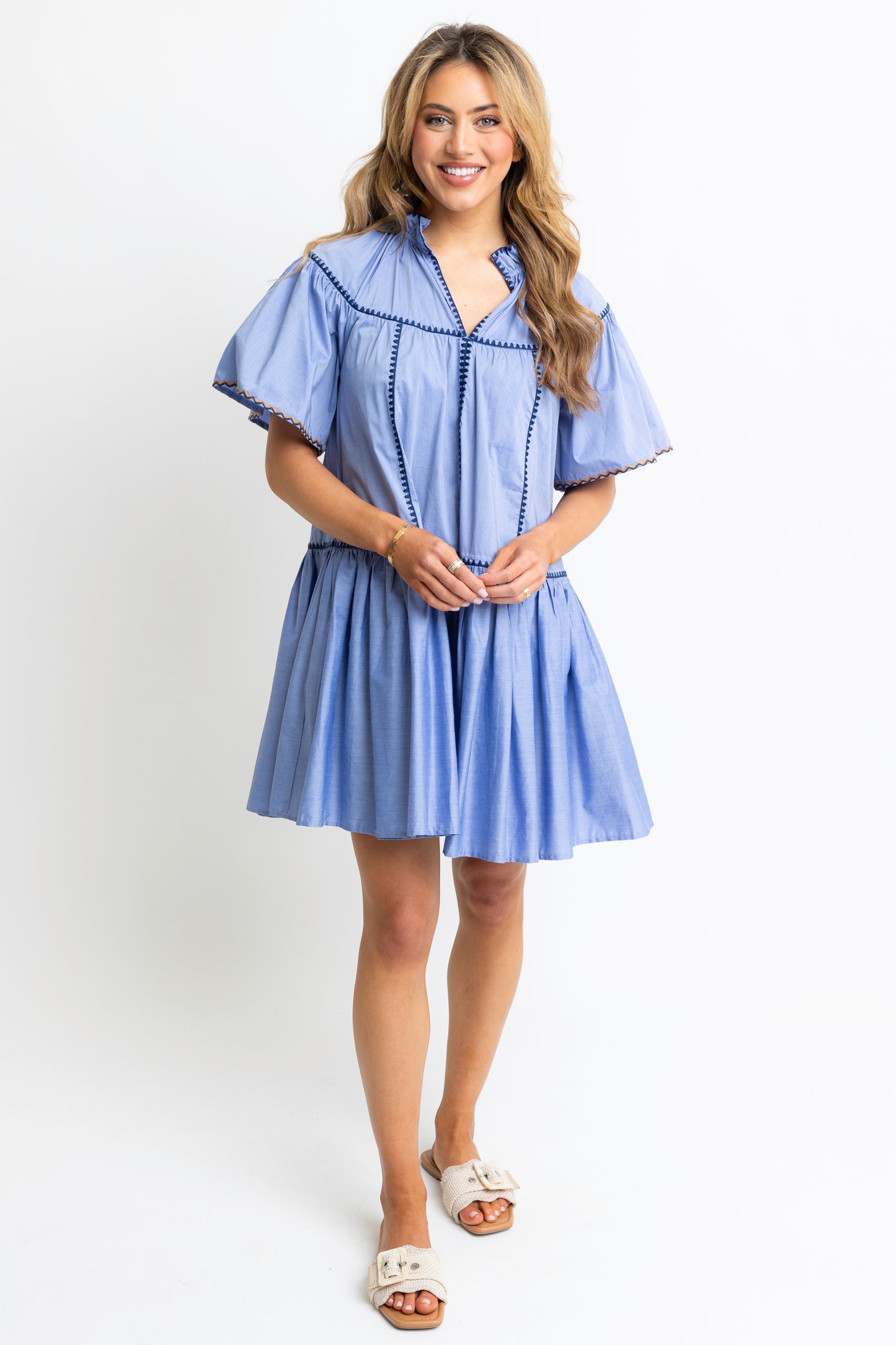 Karlie V-Neck Dress in Blue