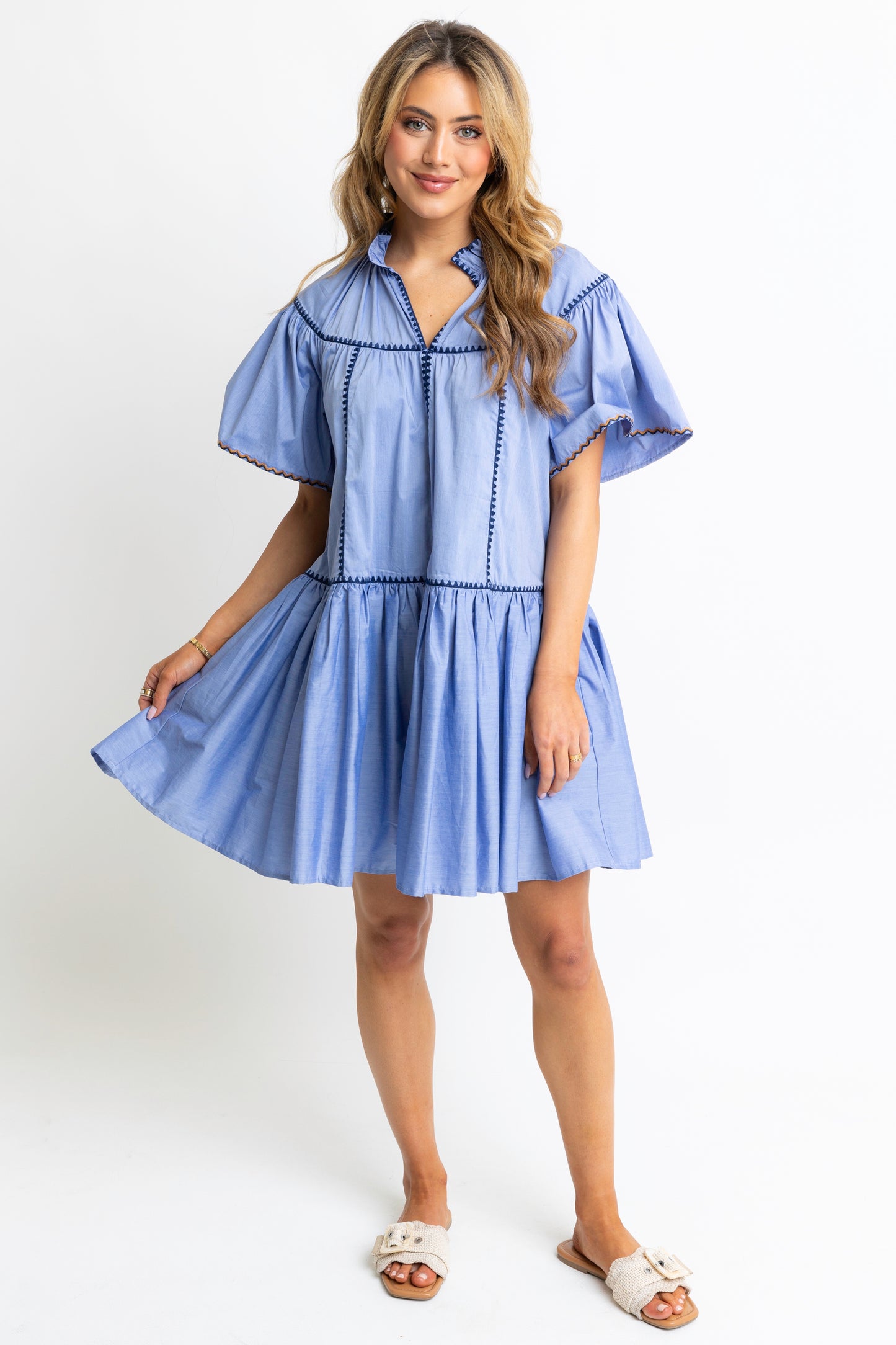 Karlie V-Neck Dress in Blue