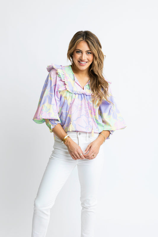 Karlie V-Neck Ruffled Top in Lavender Pastel Floral