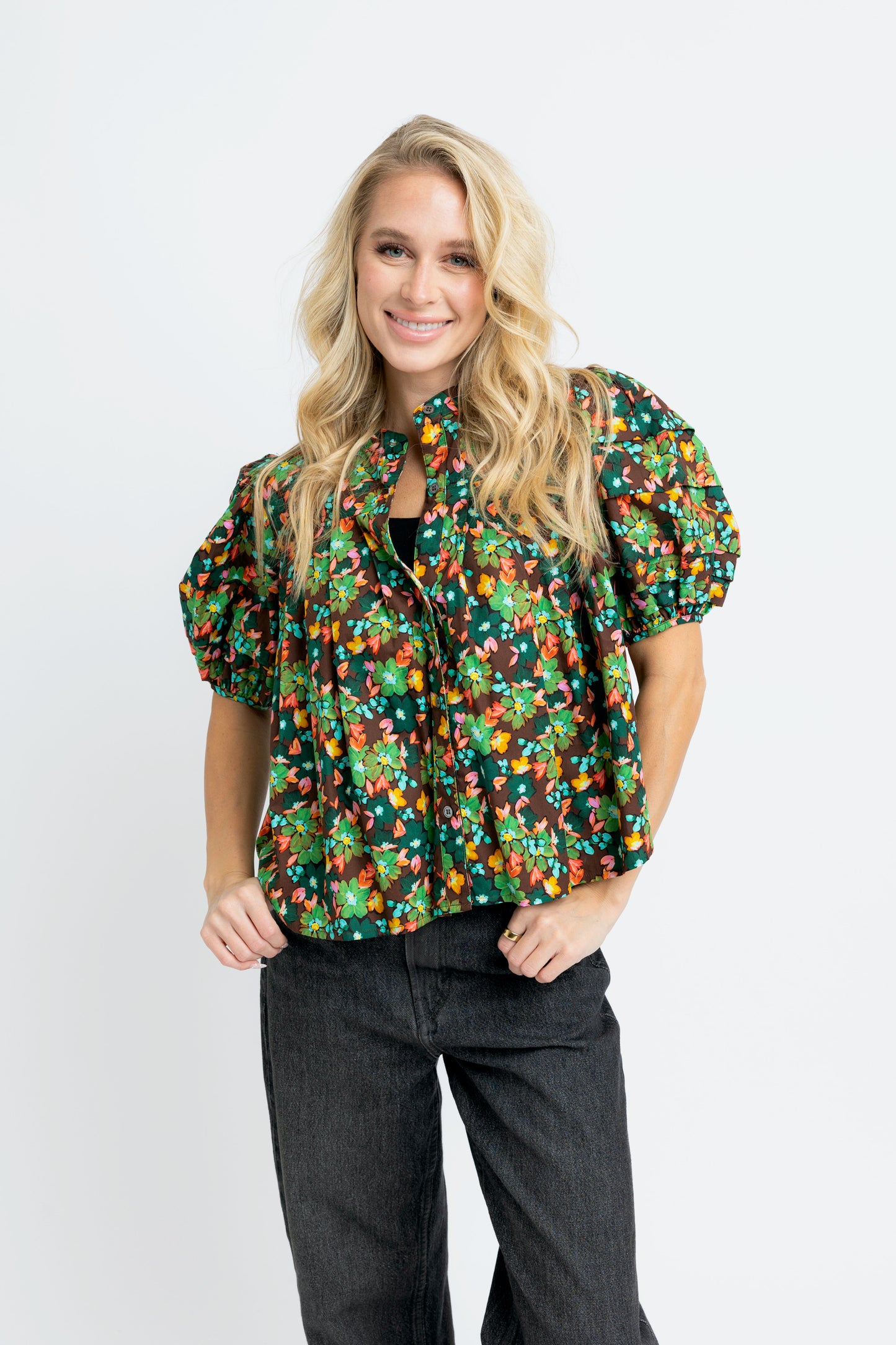 Karlie Puff Sleeve Floral Top in Chocolate