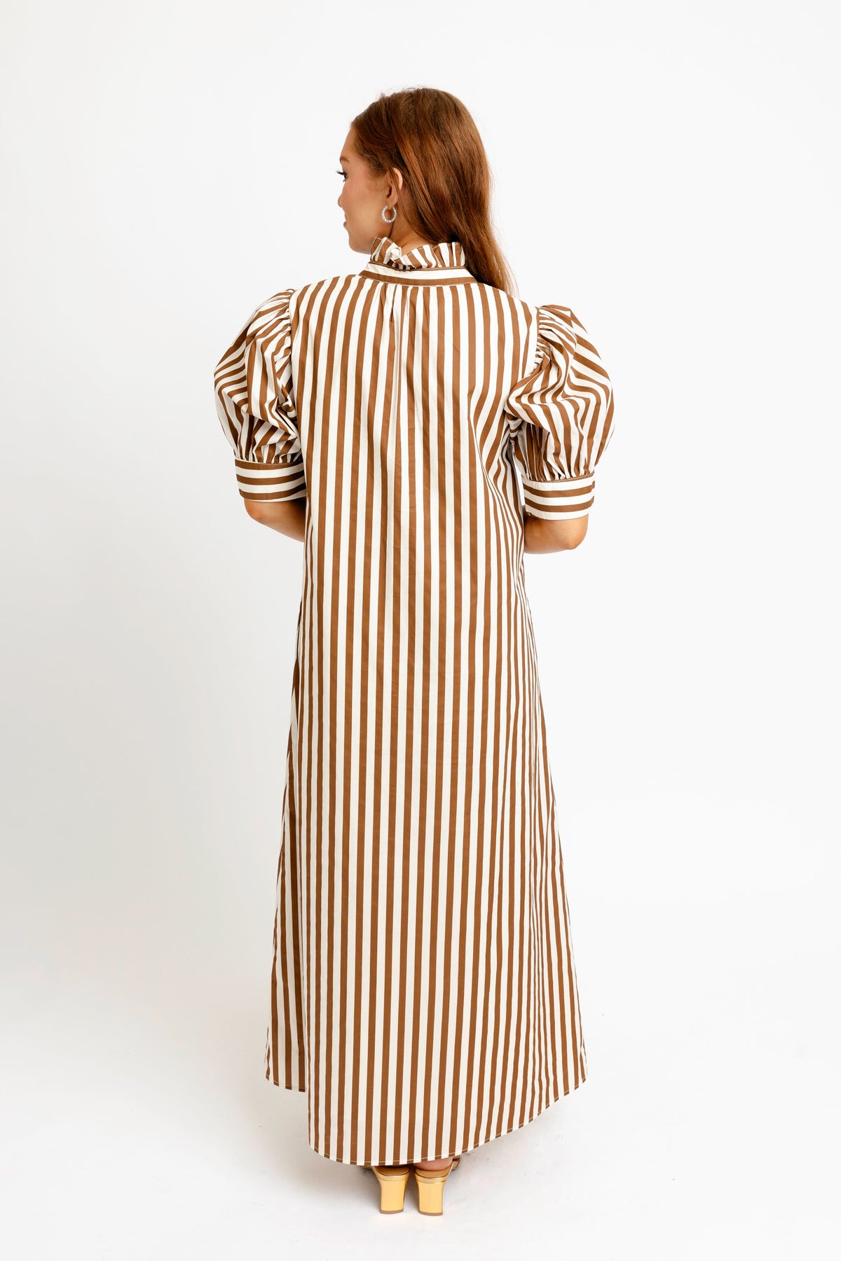 Karlie Striped Ruffle Neck Maxi Shirt Dress in Brown and White