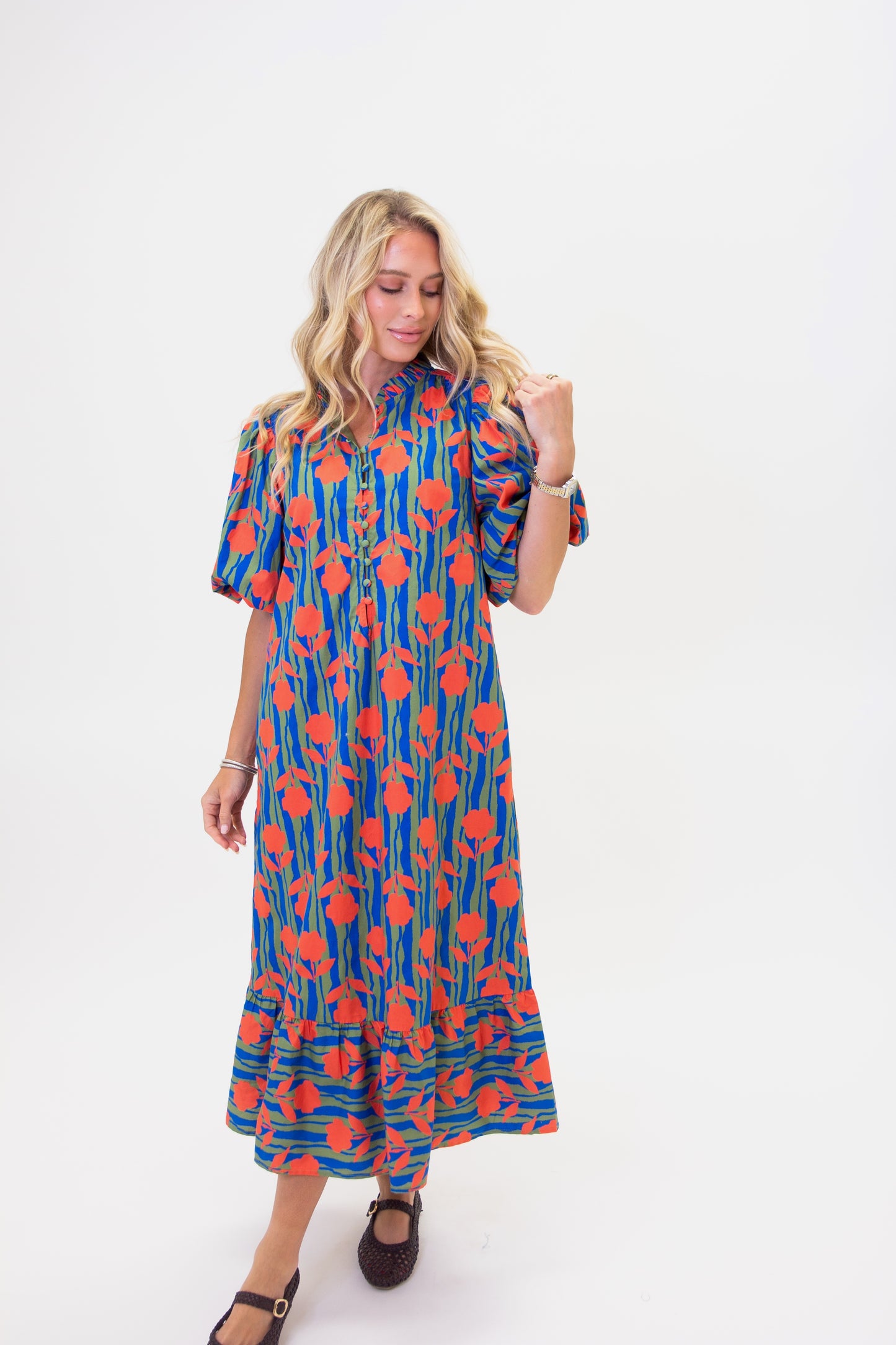 Karlie Poplin Striped Midi Dress in Royal Mod Floral