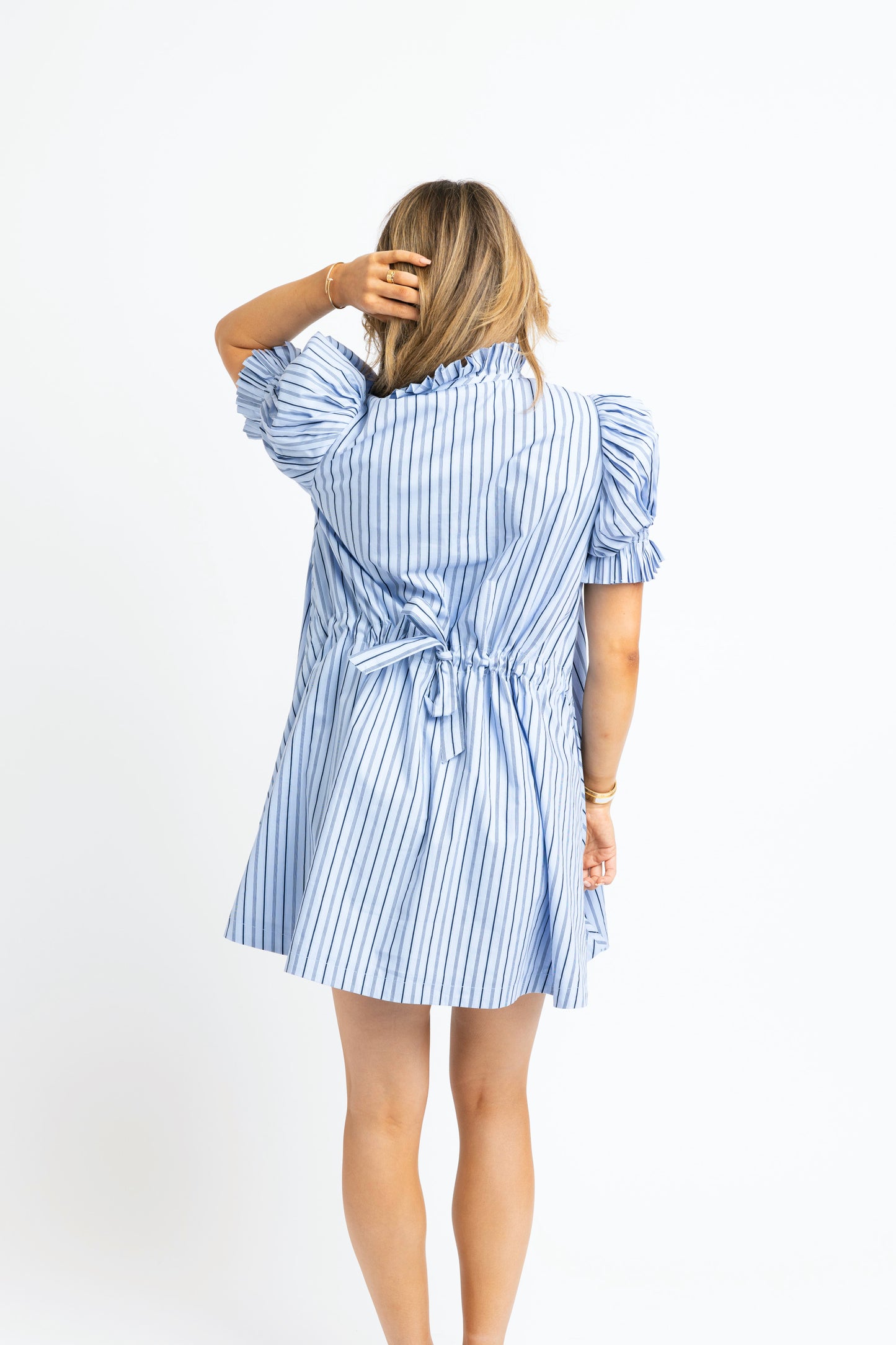 Karlie Striped Poplin Tie-Back Shirt Dress in Blue