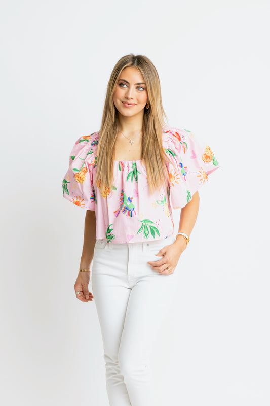 Karlie Square Neck Ruffle Top in Toucan Fruit