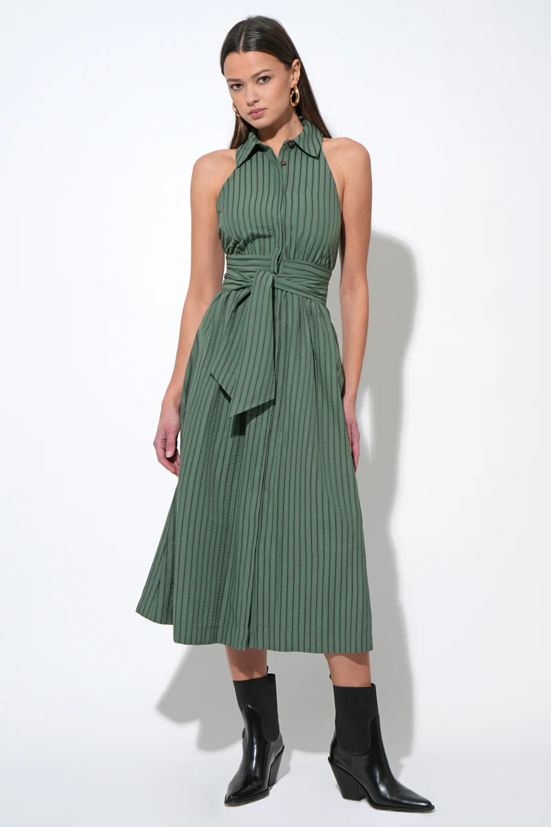 Rosa Flutter Halter Collared Tie Front Dress in Olive