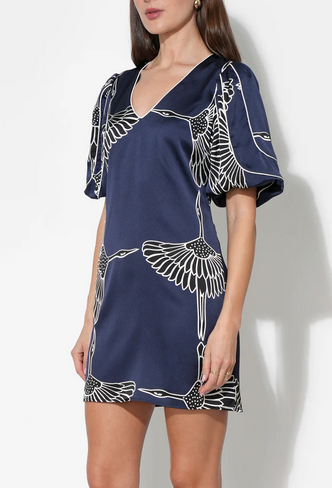 Sylvie V-Neck Bubble Sleeve Mini Dress in Bird Print Blue