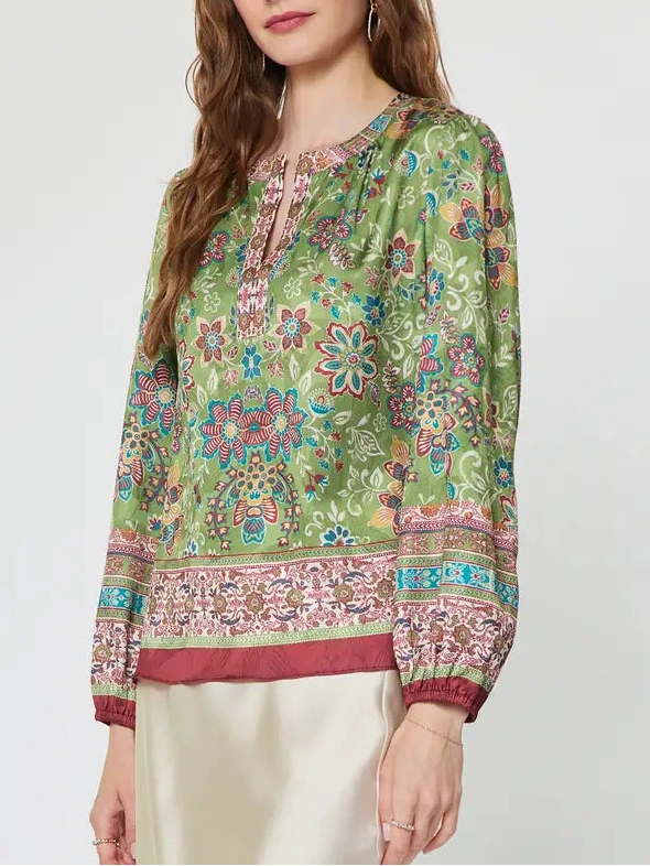 Boho Floral Border Printed Long Sleeve Blouse in Olive