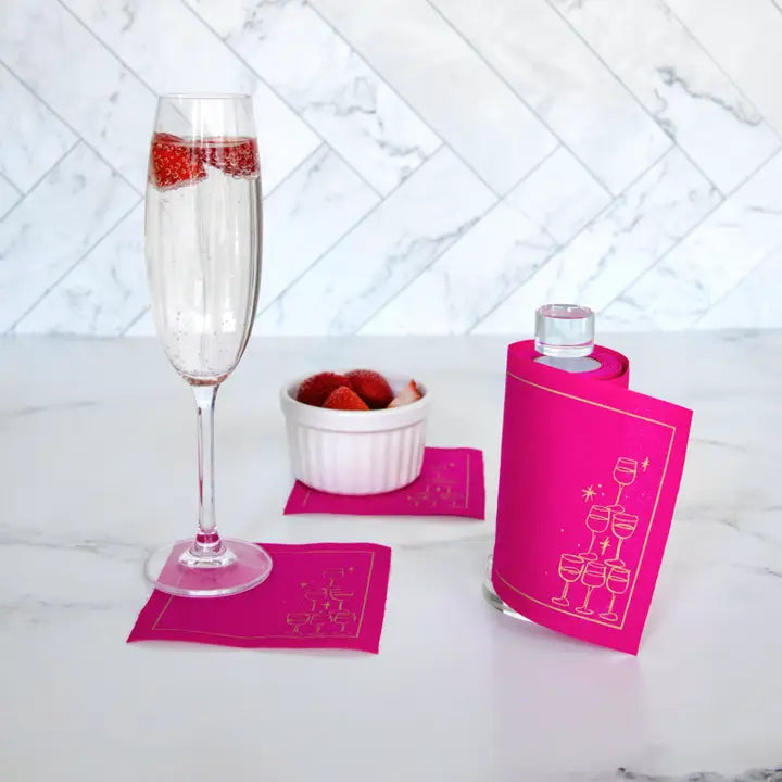 50/ct Rolled Cocktail Napkins in Hot Pink Champagne Tower