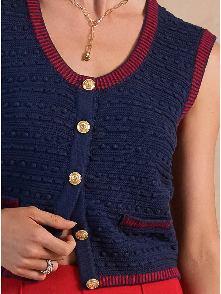 Scoop-Neck Button-Up Sweater Vest in Navy and Red