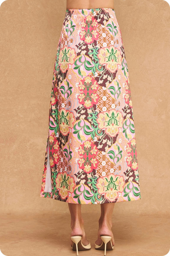 Satin Midi Skirt in Garden Party