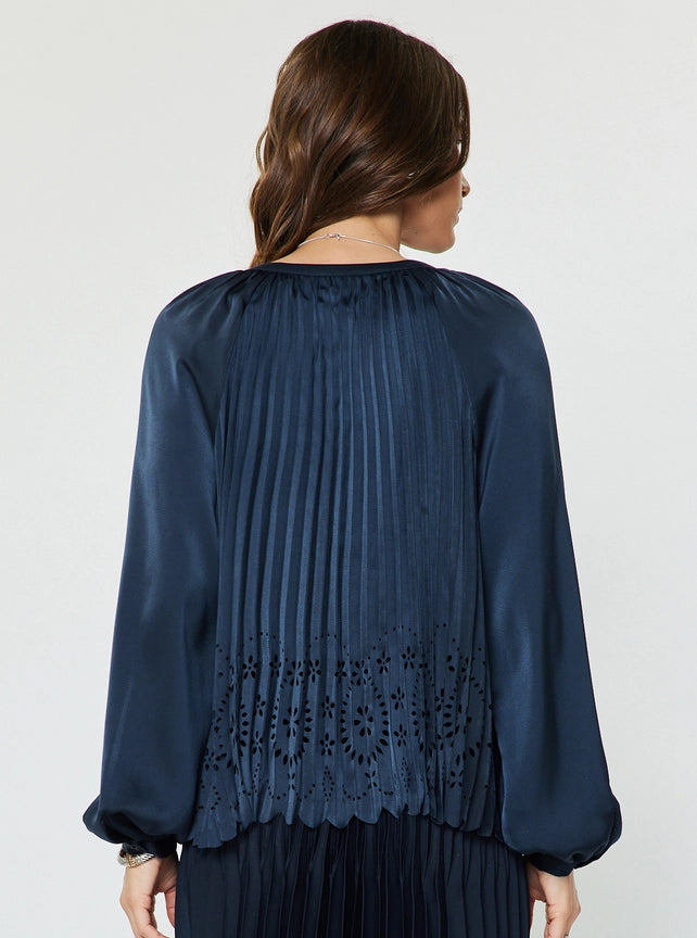 Pleated Laser Cut Button-Up Blouse in Navy