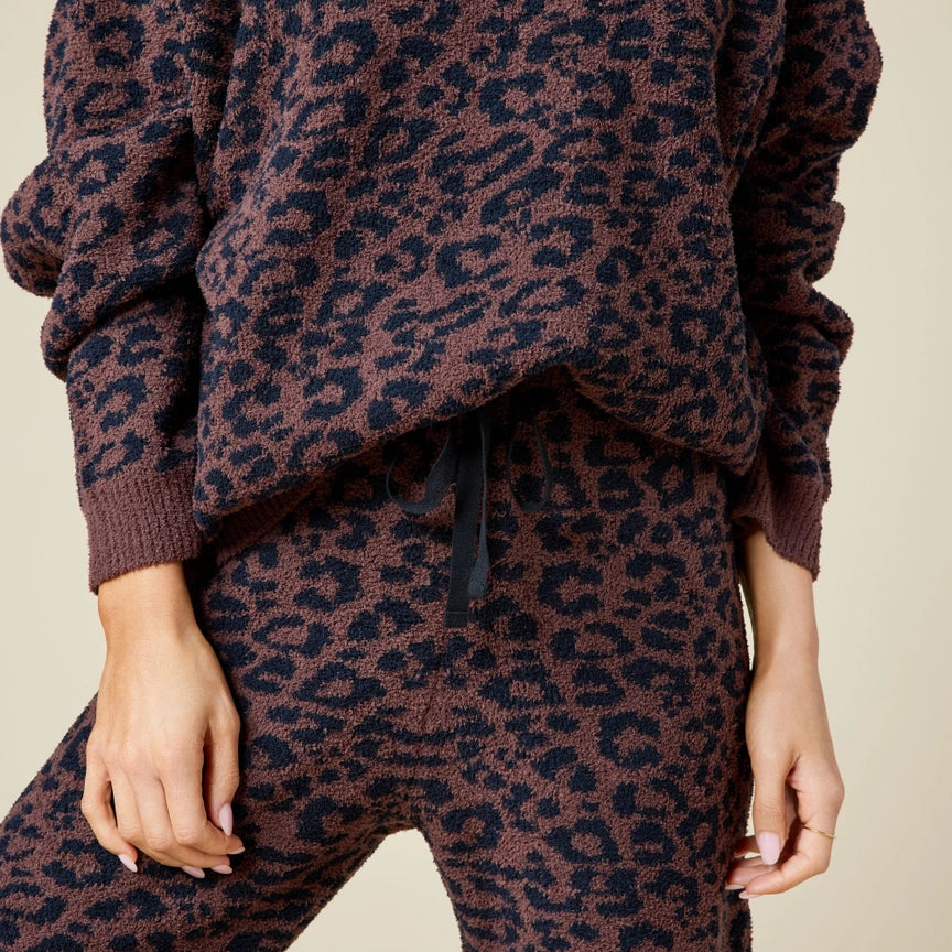 Softies Plush Leopard Print Crew Neck Lounge Set in Espresso