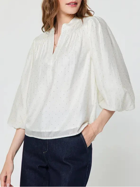 Rhinestone 3/4 Puff Sleeve Blouse in Cream