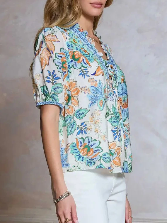 Tie Front Blouse in Blue Multi Print