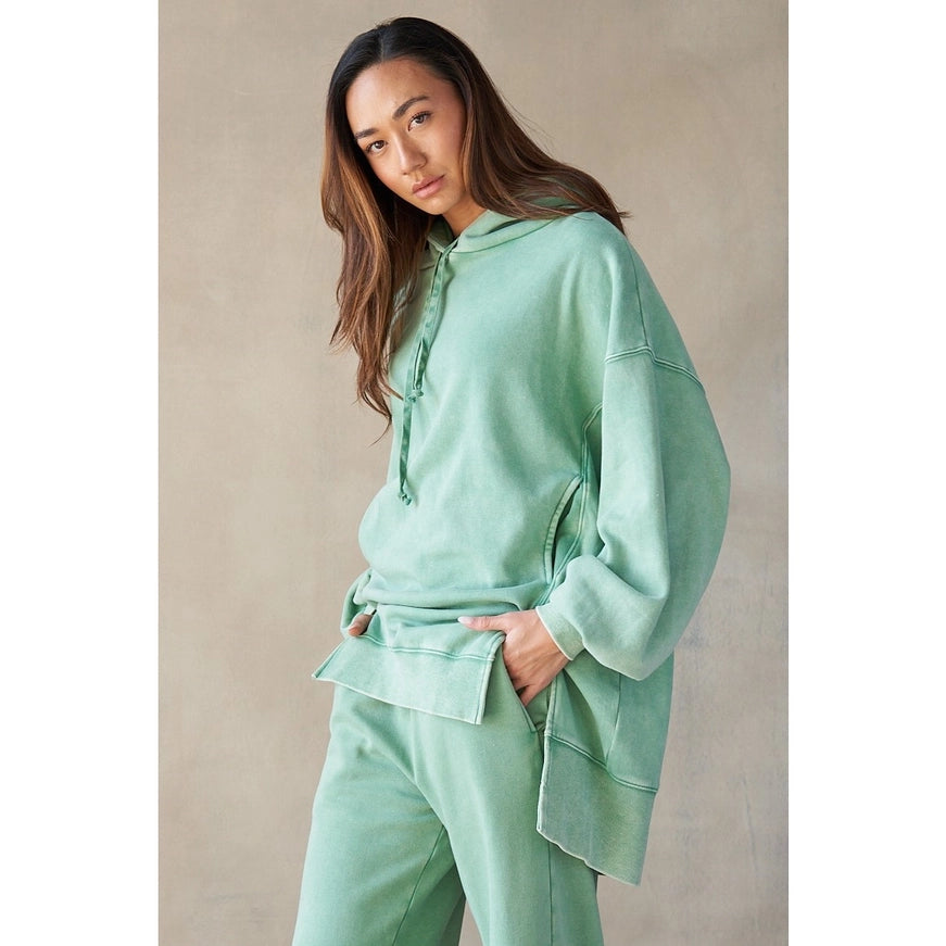 Mineral Washed Oversized Hi-Lo Hoodie in Sage Green