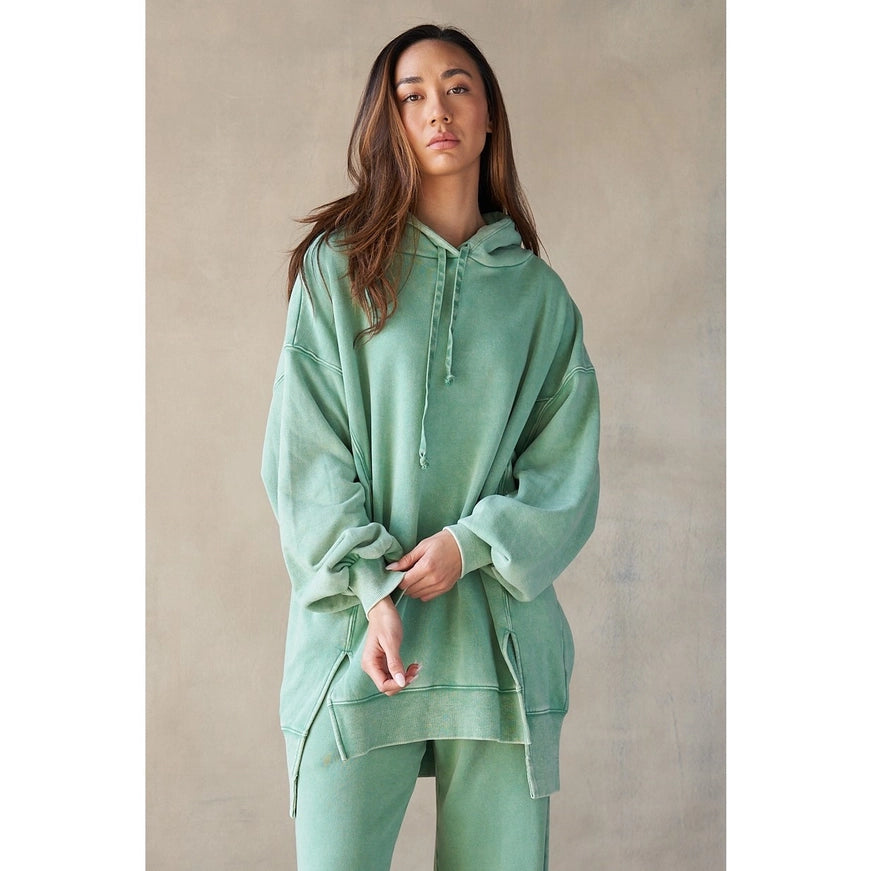 Mineral Washed Oversized Hi-Lo Hoodie in Sage Green