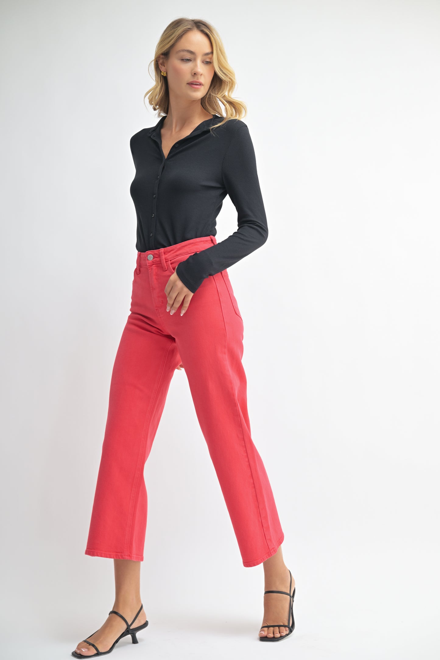 Just Black Denim Slim Wide Leg Pants in Red