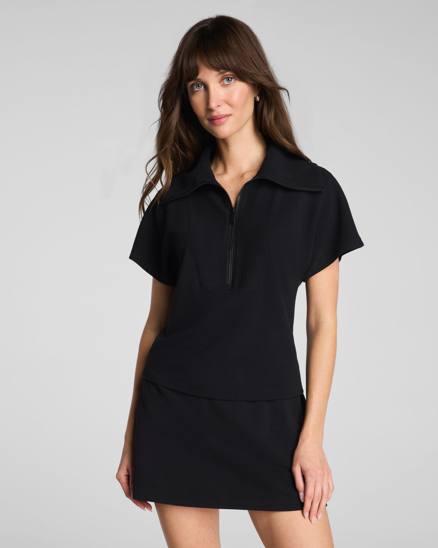Spanx Air Essentials French Ribbed Short Sleeve Half Zip in Black