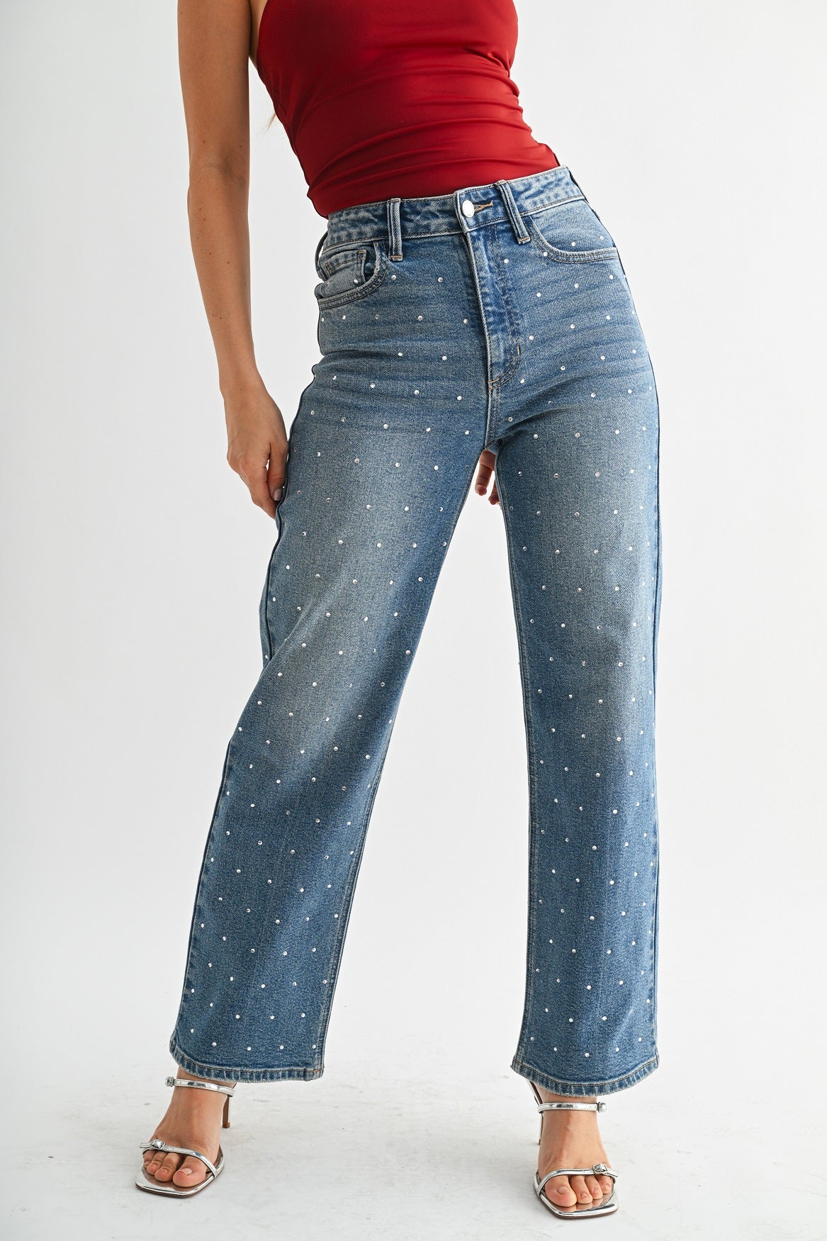 Just Black Denim High Rise Vintage Straight in Rhinestone Mid Wash