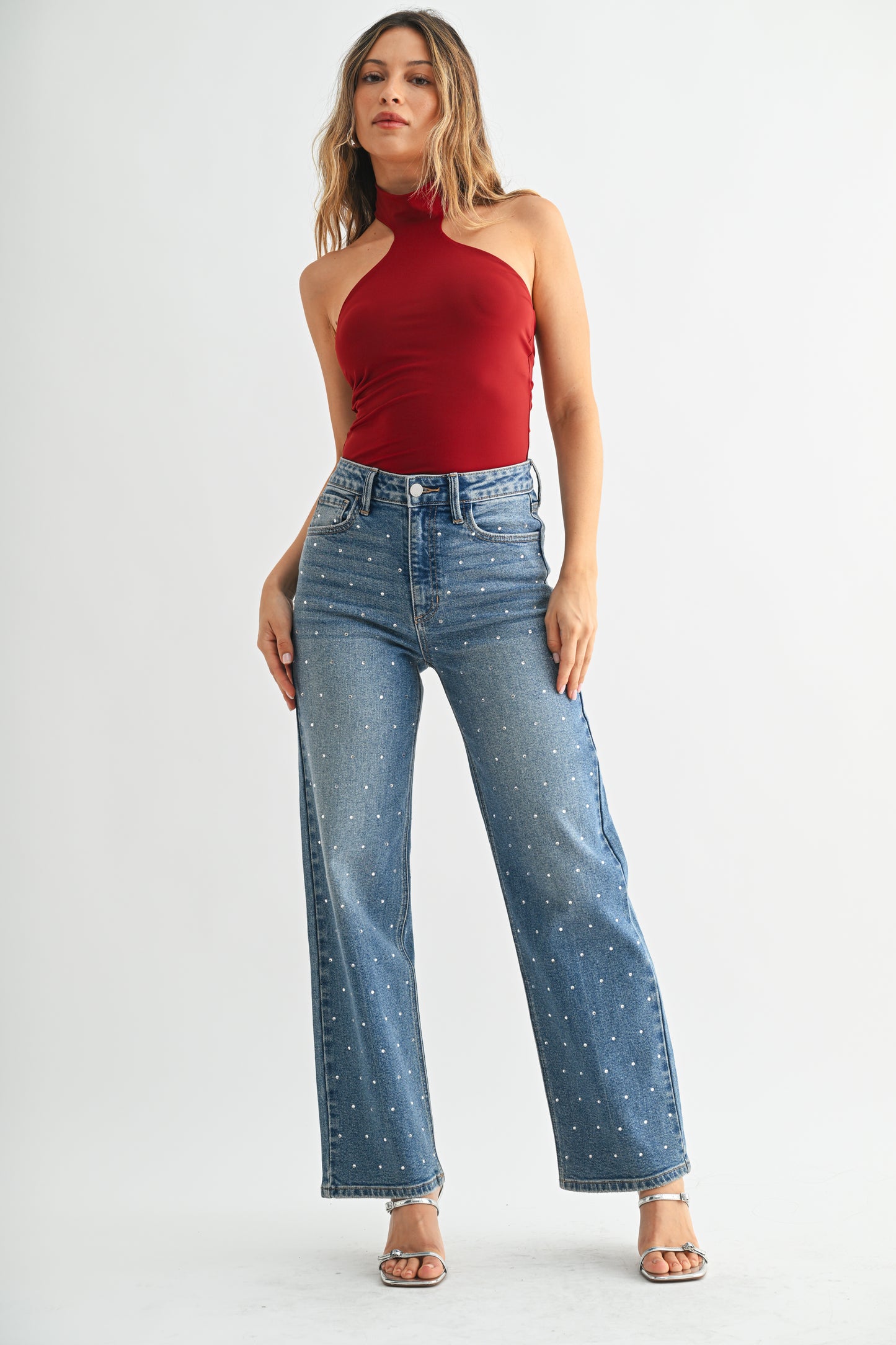 Just Black Denim High Rise Vintage Straight in Rhinestone Mid Wash