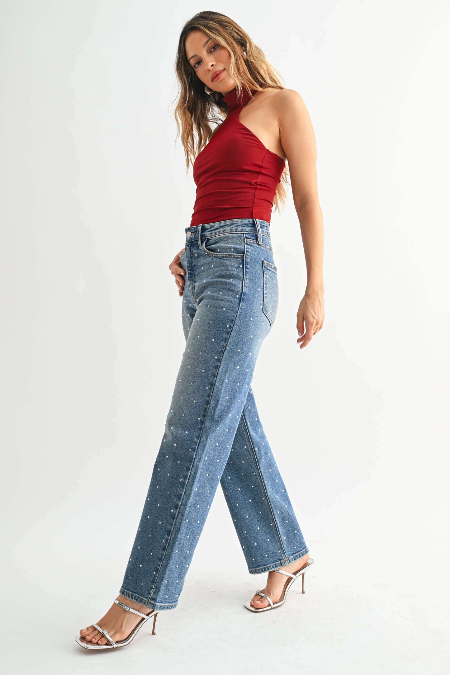 Just Black Denim High Rise Vintage Straight in Rhinestone Mid Wash