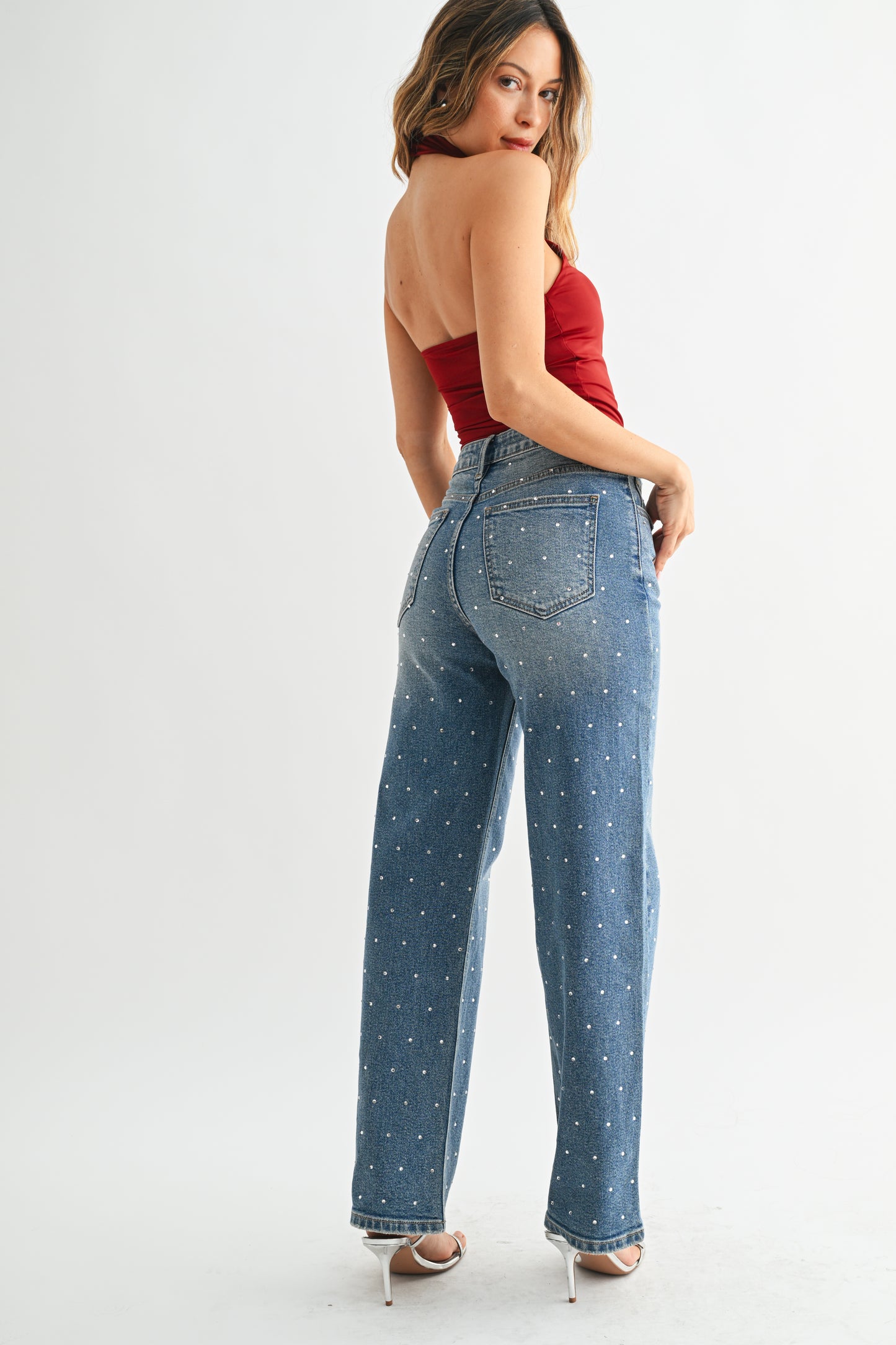 Just Black Denim High Rise Vintage Straight in Rhinestone Mid Wash