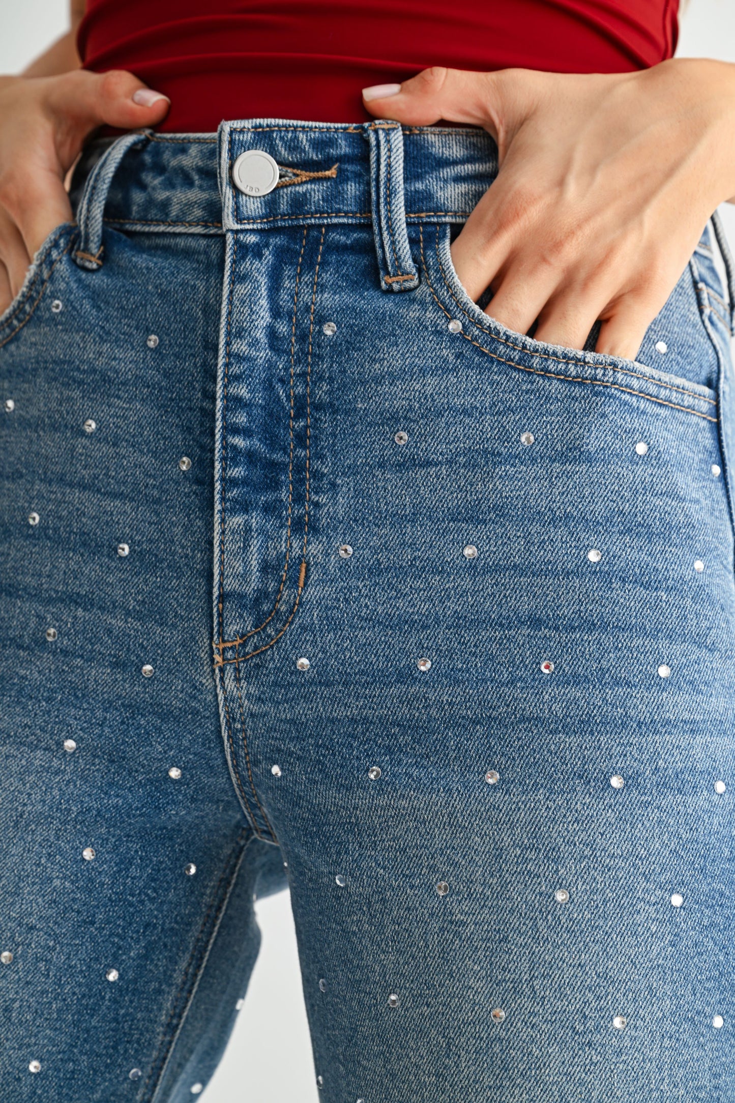 Just Black Denim High Rise Vintage Straight in Rhinestone Mid Wash