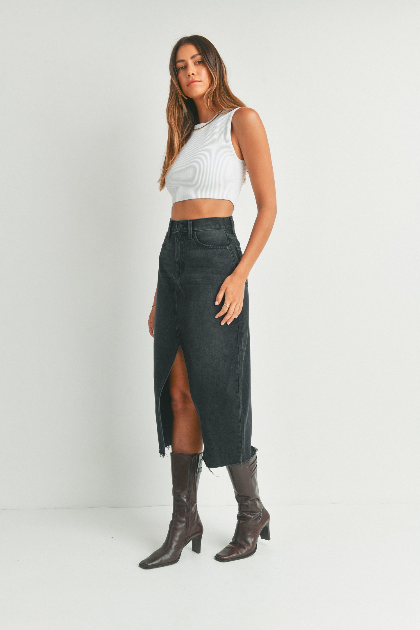 JBD Denim Midi Skirt in Black