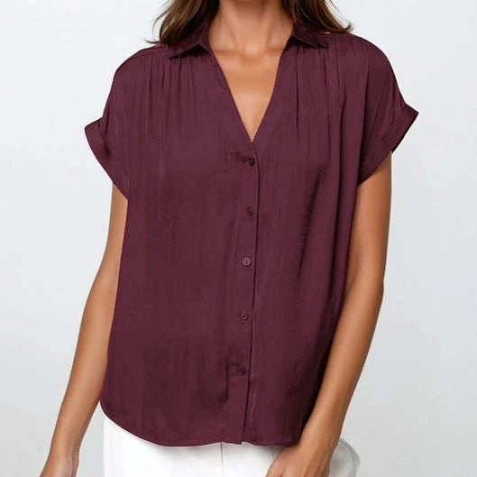 Silky Buttonfront V-Neck in Wine