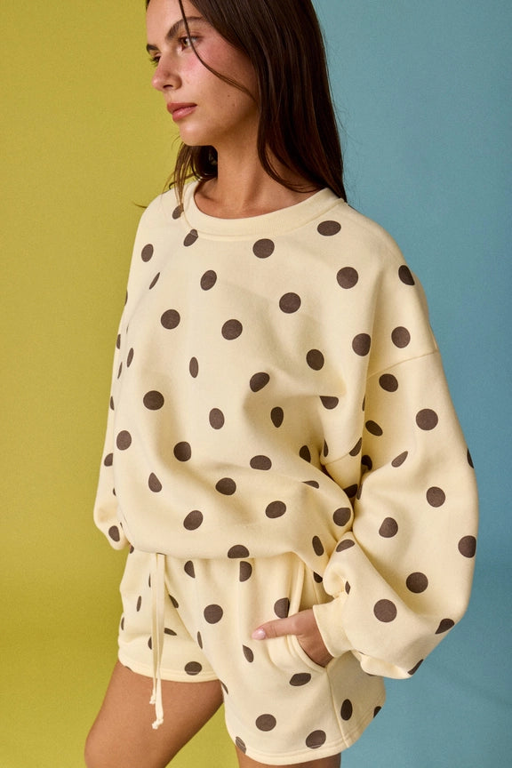Sweatshirt/Short Set in Cream/Chocolate Polka Dot
