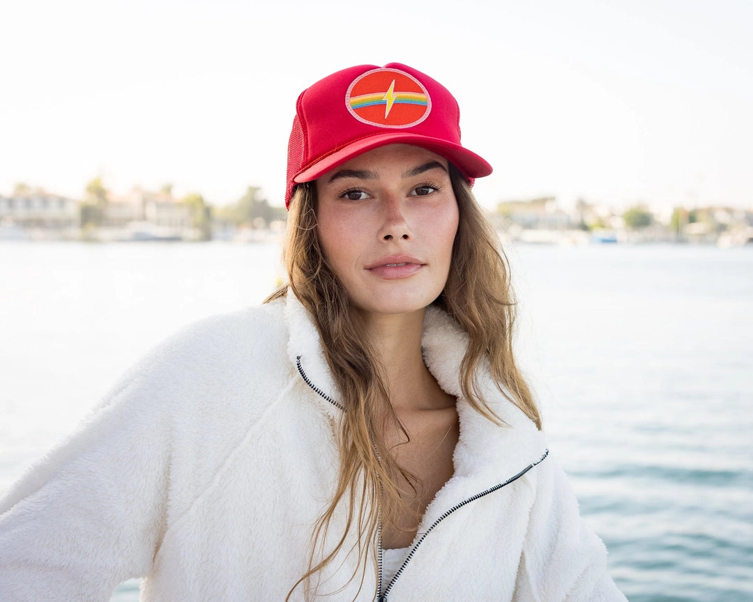 Electric Rainbow Trucker Hat in Red and Coral