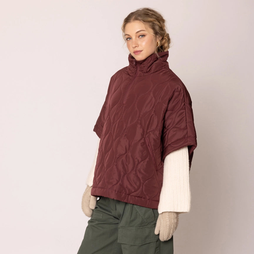 Ovesized Quilted Half Zip Poncho in Burgundy