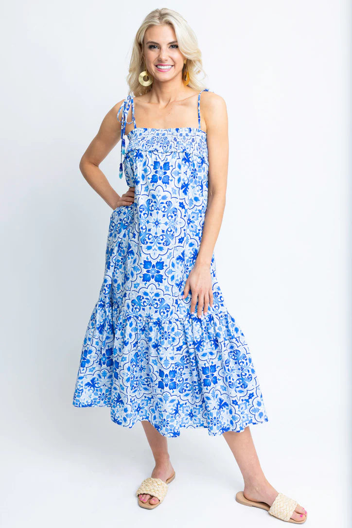 Karlie Poplin Smocked Top Dress in Amalfi Blue