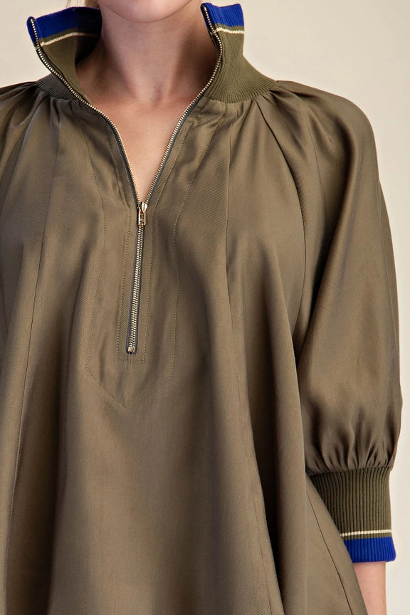 Zip Front High Collar Top with Contrastic Band in Olive/Blue