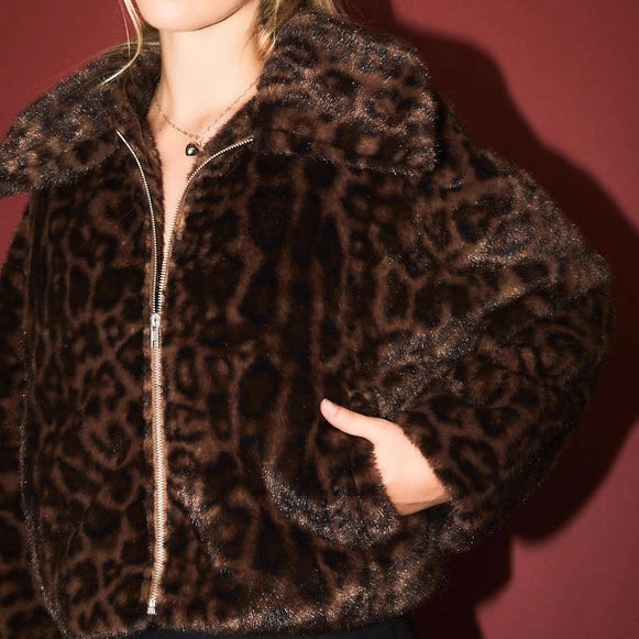 Zip Front Cropped Faux Fur Jacket in Brown Leopard