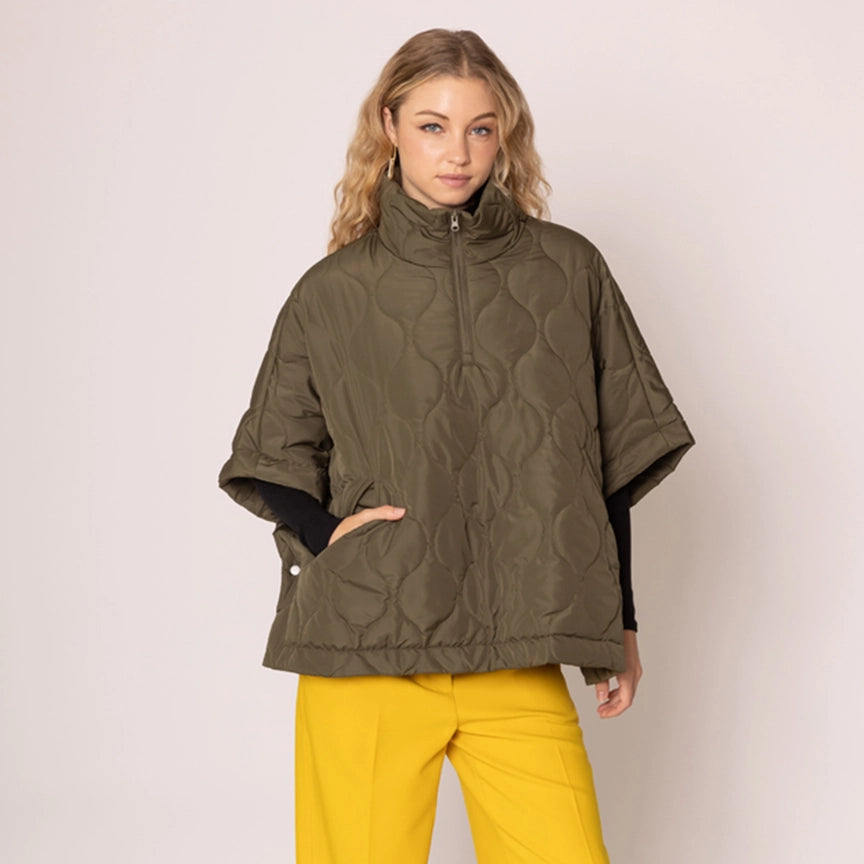 Oversized Quilted Half Zip Poncho in Olive