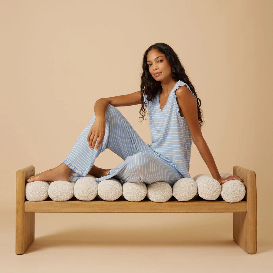 Softies Dream Ruffle V-Neck Cropped Pant in Sky Blue Stripe