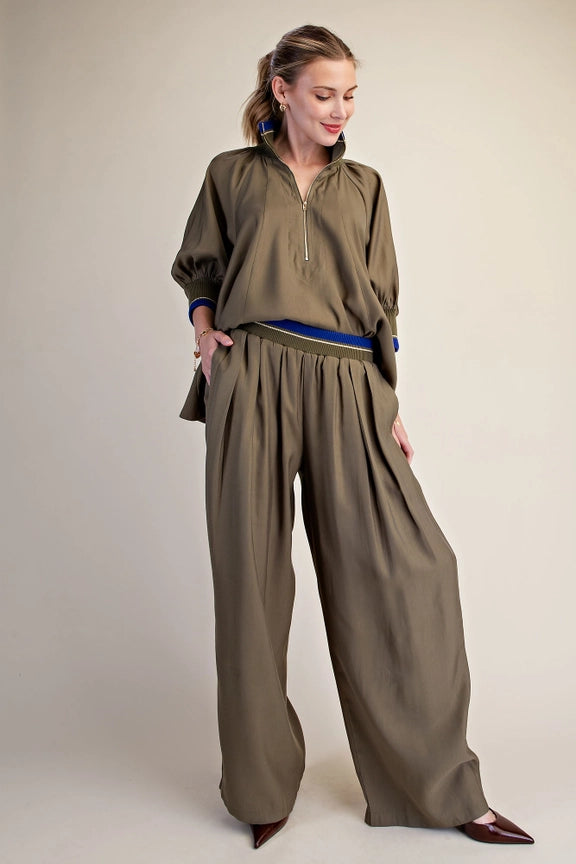 Flowy Contrast Band Pants in Olive