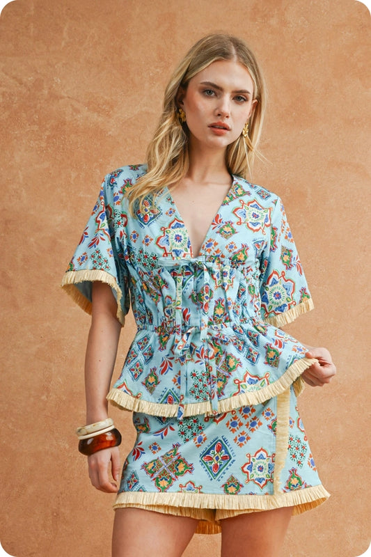 Peplum Fringe Top in Turq. Tile Print